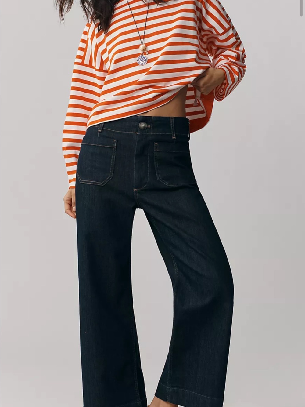 Maeve Colette Dark Denim Cropped Wide Leg Jeans with Contrast Stiching